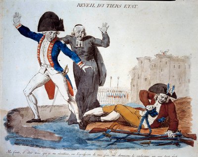 Revolução Francesa: o despertar do Terceiro Estado (Terceiro Estado). Desenho animado sobre as três ordens. Ele se libertou de suas correntes sob os olhos assustados do exército e dos clérigos. Estampa francesa de 1789. Paris, B.N. de French School