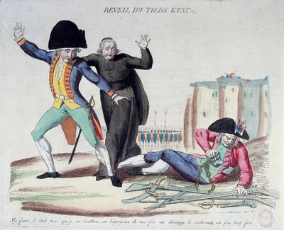 Revolução Francesa: o despertar do Terceiro Estado (Terceiro Estado). Caricatura sobre as três ordens. Liberta-se das suas correntes sob o olhar assustado do exército e dos clérigos. Gravura francesa de 1789. Paris, B.N. de French School
