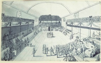 Revolução Francesa: o nascimento da Constituição em Setembro de 1791 redigida por Guy Jean-Baptiste Target (1733-1807) na sala do Jeu de Paume em Versalhes onde os deputados tinham prestado juramento em 20/06/1789. Desenho anónimo por volta de 1791. Paris, de French School