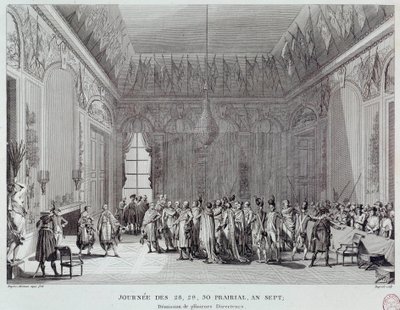 Revolução Francesa: os dias de 28, 29 e 30 Prairial do ano VII, que levaram, em 18/06/1799, ao golpe de Estado de Abbe Emmanuel-Joseph Sieyes (1748-1836) (ou a vingança dos Conselhos) e viu a demissão de vários diretores termidorianos. Gravação de o de French School