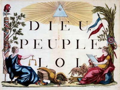 Revolução Francesa: o triângulo divino iluminando Deus, o Povo e a Lei, as alegorias da França, a Justiça, a Abundância e a República. Gravura a partir de 1794. Paris, Biblioteca do Arsenal de French School
