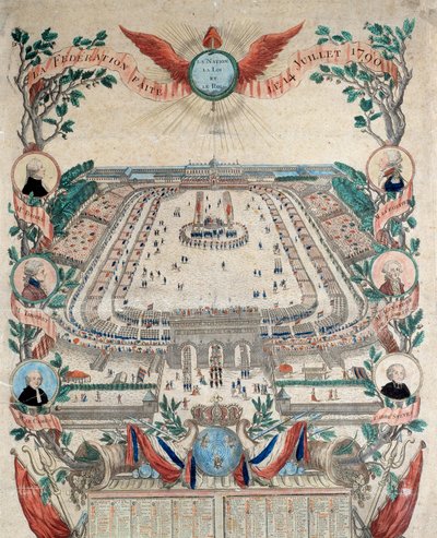 Revolução Francesa: vista da festa da federação nacional em 14/07/1790 no Campo de Marte. Gravura de 1790. Paris, Arquivo Nacional de French School