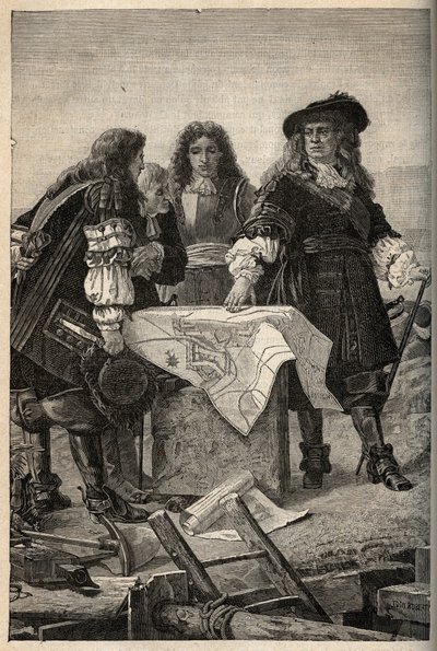 O arquitecto francês Vauban elabora os planos das fortificações de Belfort (leste de França) a pedido de Luís XIV em 1687 - Sebastien Le Prestre de Vauban donnant les plans des fortifications de Belfort - gravação em "PATRIE" - DESCRIÇÃO PECTUREQU de French School