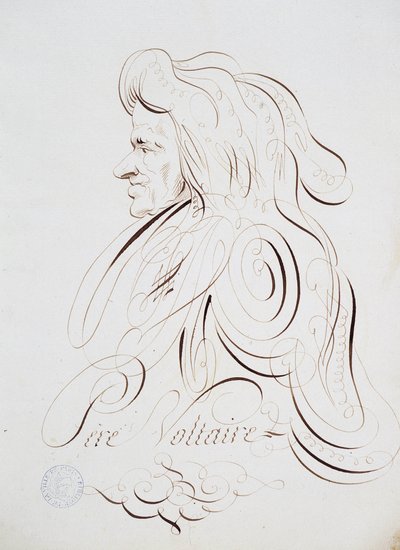 Caligrafia francesa: Retrato do Padre Voltaire, de Bernard de Paris, por volta de 1780. Biblioteca histórica da cidade de Paris. de French School