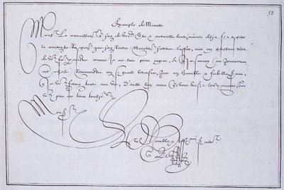 Caligrafia francesa: Tecnografia, "exemplo de minuto" de Guillaume Le Gangneur por volta de 1599. Biblioteca histórica da cidade de Paris. de French School