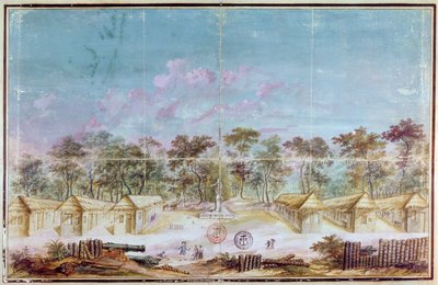Colonos franceses assentamento na praia de Kourou, Guiana em 1763 (wc no papel) de French School