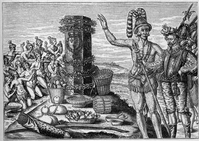 Colónia francesa na América: Os floridianos adoram a coluna comemorativa erigida por René de Laudonniere em memória dos ataques espanhóis às colónias protestantes francesas em 1564. A partir de uma gravura do século XVI. Em "La Marine et les colonies: comm de French School