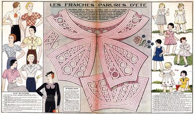 A moda francesa para o verão de 1934: moda feminina (blusas) e moda infantil (vestidos e fatos). Em "Le petit echo de la mode" de French School