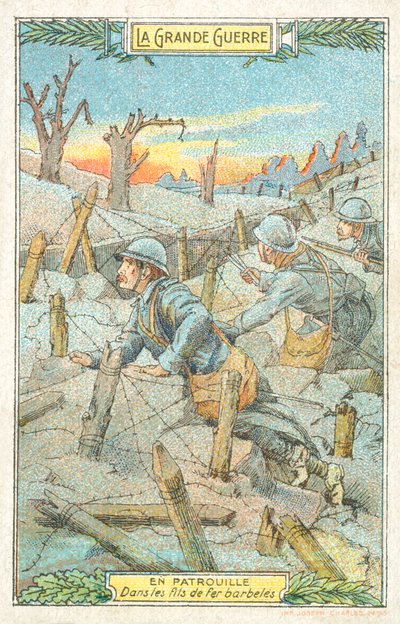 Patrulha francesa entre o arame farpado, Primeira Guerra Mundial (chromolitho) de French School