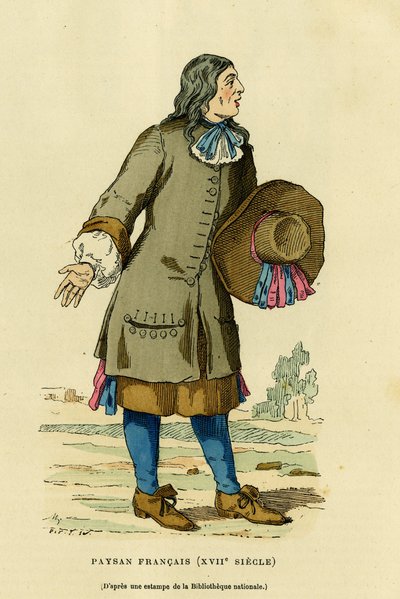 Fato de camponês francês no século XVIII. Gravura a cores após uma impressão da biblioteca nacional, em "France et les francais a travers les centuries" de Augustin Challamel, editor F.Roy, Paris 1882. Coleção Selva. de French School