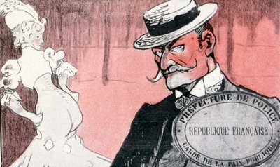 A polícia francesa a vigiar uma prostituta antes de a prender. A França do século XIX. Ilustração francesa de 1890 de French School