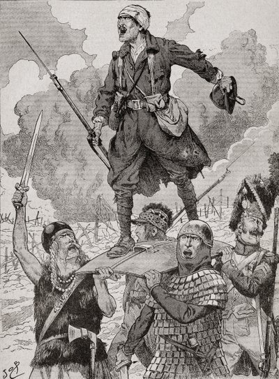 Cartaz de propaganda francesa intitulado "On Les Aura", ou Nós os teremos. Quatro soldados de diferentes períodos históricos carregam um soldado ferido mas desafiante da Primeira Guerra Mundial num escudo. Da Agenda Buvard du Bon Marche publicada em 1917. de French School