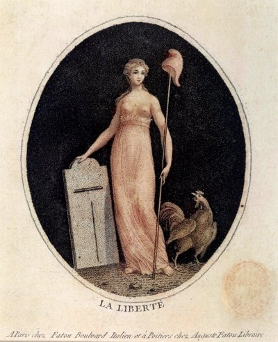 Revolução francesa: alegoria da liberdade sob as características de uma mulher, carregando um boné frígio sobre uma lança, com um galo a seus pés. Impressão do final do século XVIII Paris, Musee Carnavalet de French School