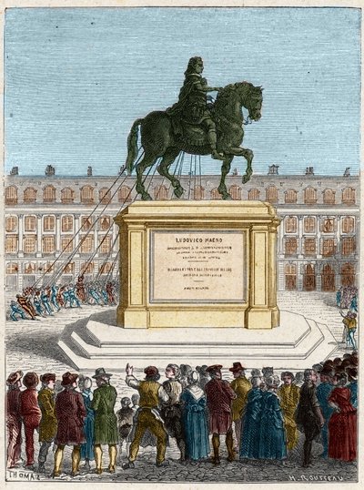 Revolução Francesa: derrubada da estátua do Rei Luís XIV (1643-1715), Praça Vendôme em Paris de French School