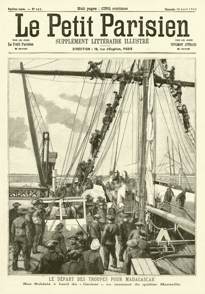 Soldados franceses partem de Marselha para Madagáscar (gravura) de French School