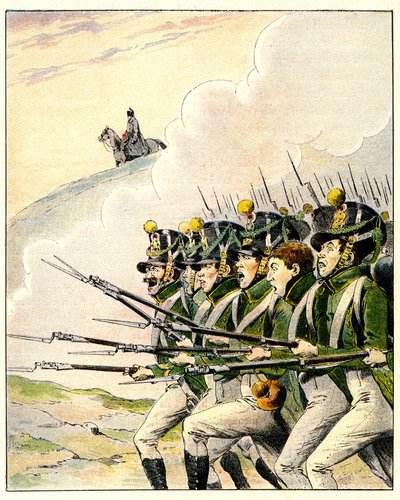 Soldados franceses durante a Batalha de Waterloo (lito colorido) de French School