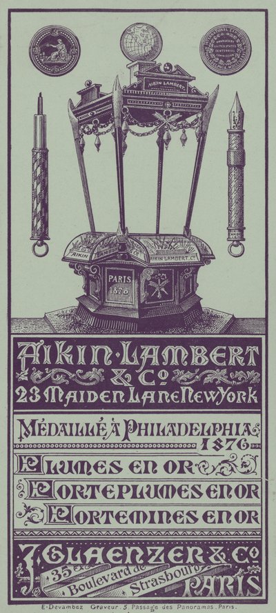 Cartão comercial francês com publicidade de Aikin Lambert canetas, porta-lápis e lápis propulsores (litho) de French School