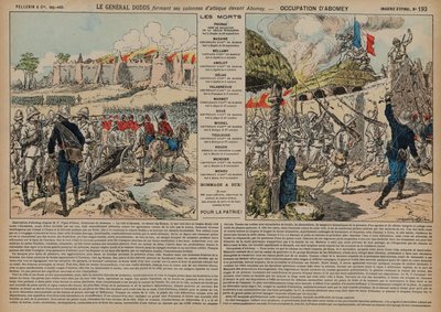 Tropas francesas comandadas pelo General Alfred-Amedee Dodds atacando Abomey, Dahomey, Segunda Guerra Franco-Dahomeana de French School