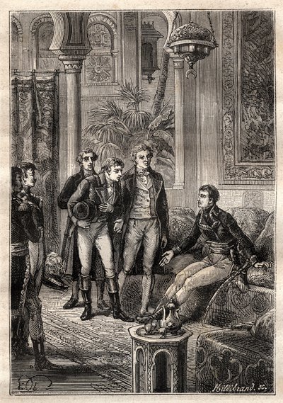 Friedrich Konrad Hornemann (1772-1801) conheceu Napoleão Bonaparte no Cairo em 1797 na presença de Gaspard Monge (1746-1818) e Claude Louis Berthollet (1748-1822) - ilustração tirada de "Os Grandes Marinheiros do século XVIII". de French School