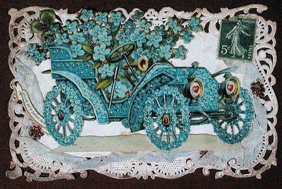Cartão de boas-vindas da amizade retratando um carro coberto de flores, início do século 20 (cor litho)_ de French School