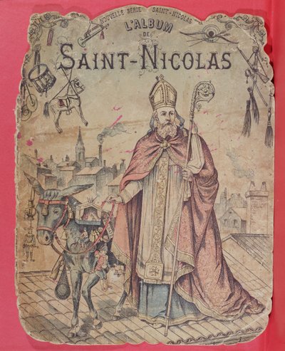 Capa de um álbum de fotos representando São Nicolau trazendo presentes para as crianças, final do século XIX (gravura a cores) de French School