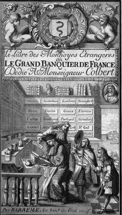 Frontispice du "Livre des monnoyes etrangeres ou le grand banker de France" (1687) de François Barreme (1638-1703), matemático francês. O personagem de escrita por caneta é provavelmente um retrato do autor. Gravura em "Le Magasin pitoresco" (Le Magasin pi de French School