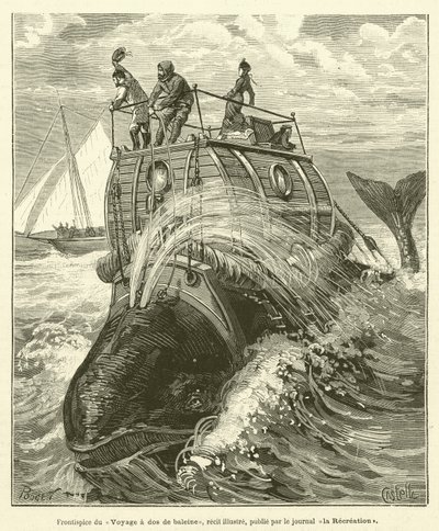 Frontispício à Voyage a dos de baleine, recit illustre, publicado pelo jornal la Recreation (gravura) de French School