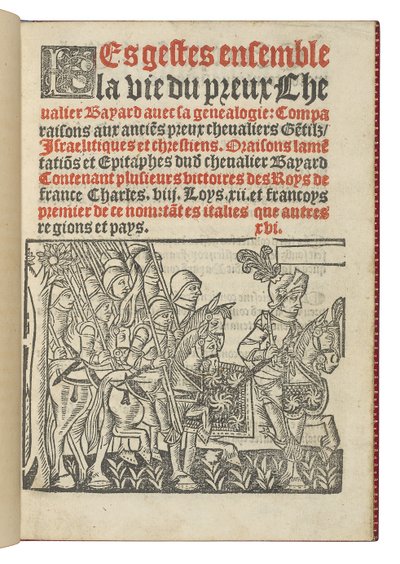 Frontispício de "Os gestos unem a vida do valente Chevalier Bayard à genealogia", de Symphorien Champier de French School