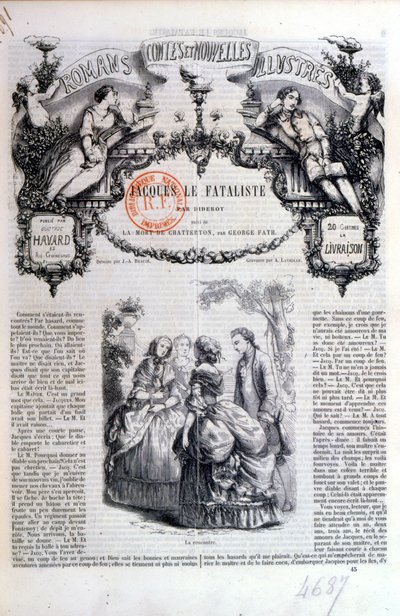 Frontispício de uma coleção de romances e histórias com Jacques le Fataliste por Diderot, publicado em Paris em 1849 de French School