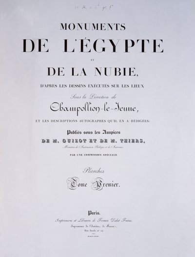 Frontispício do 1º Volume de Monumentos de Ezepte e de Nubie do artista, publicado em Paris por Firmin-Didot, 1835 de French School