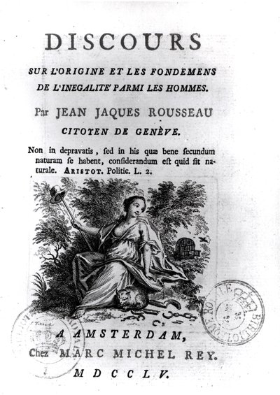 Frontispício para a fala sobre as origens e fundamentos da desigualdade entre os homens por Jean-Jacques Rousseau (1712-1778) c.1755 de French School