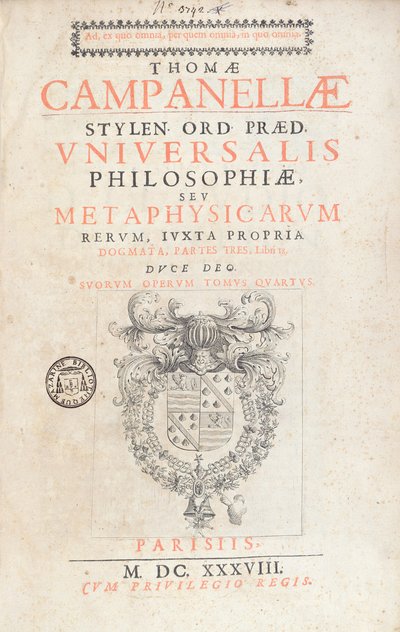 Frontispício à Filosofia Universal por Tommaso Campanella, publicado em Paris, 1638 de French School
