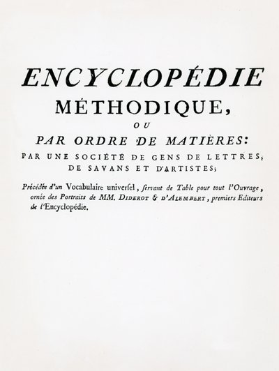 Frontispício da Enciclopédia Metódica por Ordem do Sujeito, editado por Denis Diderot e Jean Le Rond DAlembert, publicado em 1782 (impresso) de French School