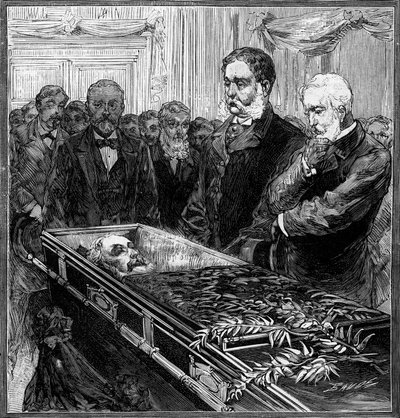Funeral de James Abram Garfield (1831-1881), Presidente dos Estados Unidos: seu substituto, Chester Alan Arthur (1830-1886) e o Secretário Blain em frente ao caixão sob a cúpula do Capitólio de Washington. Gravura em "Le Monde Illustré" n°1282 de de French School