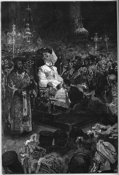 Funeral de Joaquim II (1791-1878): o corpo do patriarca ecumênico de Constantinopla é exposto à igreja patriarcal de Fanar. Ele está vestido com as suas vestes sacerdotais e uma mitra. Gravura em "Le Monde Illustré" n°1123 de 5 de outubro de 1878. de French School