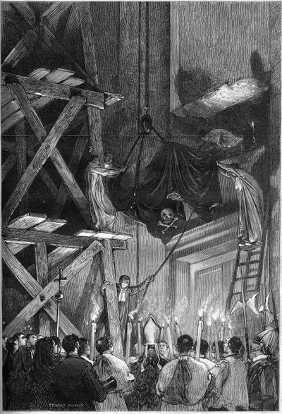 Funeral do Papa Pio Ix (Pio) (1792-1878): enterro do corpo na Basílica de São Pedro, em Roma. Gravura no "Le Monde Illustré" n°1093 de 9 de Março de 1878. de French School