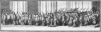 Funeral de um papa no século XVIII: o corpo do papa leva para a Igreja de São Pedro em Roma. Gravura em "Histoire des religions". de French School