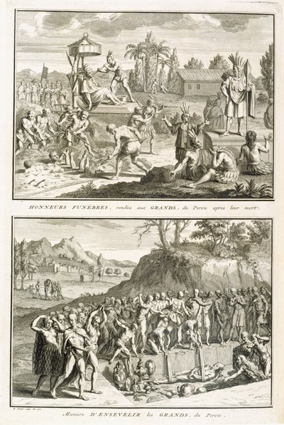 Ritos fúnebres e a maneira de senhores sepultadores após sua morte, no Peru, ilustração de Cerimônias Religiosas e Costumes, gravada por Bernard Picart (1673-1733) 1722 de French School