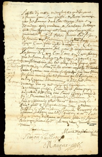 Contrato de comércio de peles entre Francois Francoeur e quatro voyageurs para transporte de mercadorias e compra de beaverpelts em Michilimackinac e Chicago, 1692 (ver também 332318) de French School