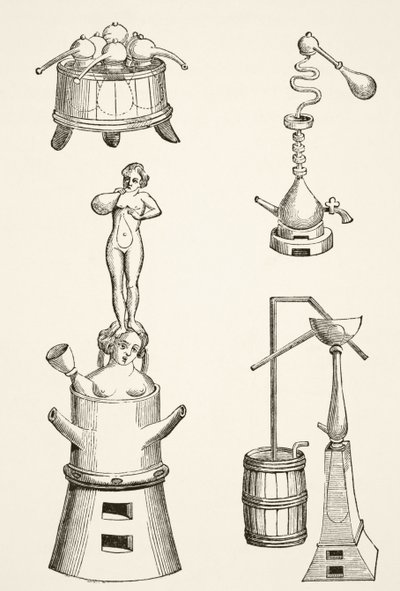 Fornos, retortas, alambiques e aparelhos de destilação usados por químicos e alquimistas no século XVI, de Ciência e Literatura na Idade Média por Paul Lacroix (1806-84) publicaram Londres em 1878 (l de French School