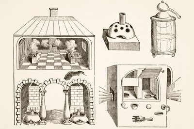 Fornos e diversos aparelhos utilizados por químicos e alquimistas na Idade Média, após uma gravura de Vriese, de Science and Literature in The Middle Ages de Paul Lacroix pub. Londres 1878 de French School