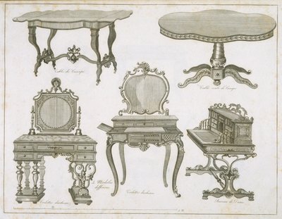 Designs de móveis por Lefevre-Chauveaux, do álbum Dessins de Meubles, gravura em preto e branco de French School