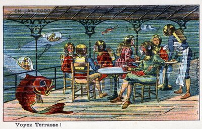 Futuredays: Uma Visão do Século XIX do Ano 2000 - Série "No ano 2000": Ver terraço (debaixo do mar). Cromolitografia de Villemard de French School
