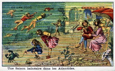 Futuredays: Uma Visão do Século XIX do Ano 2000 - Série "No Ano 2000": Uma Temporada à beira-mar na Atlântida. Cromolitografia de Villemard de French School