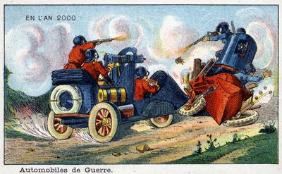 Futuredays: Uma Visão do Século XIX do Ano 2000 - Série "No Ano 2000": Automotivo de Guerra. Cromolitografia de Villemard de French School
