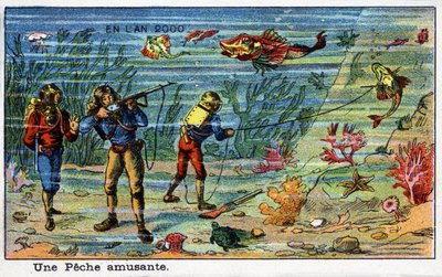 Futuredays: Uma Visão do Século XIX da Série do Ano 2000: A Fun Fishing (Under the Sea). Cromolitografia de Villemard de French School