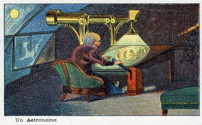 Futuredays: Uma Visão do Século XIX da Série do Ano 2000: Um astrônomo (trabalhando com um telescópio em particular). Cromolitografia de Villemard de French School