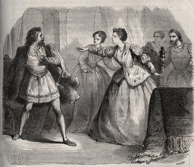 Gabrielle de Vergy contesta seu noivo, Eudes de Fayel, que tem ciúmes da amizade que tem com seu primo, Albert de Nozereau. Cena de uma lenda do século XII. Gravura de 1871 em "Histoire Des Cocus Celebres" de Henry de Kock (1819-1892). de French School