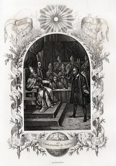 Galileu (ou Galileu Galilei (1564-1642)) perante o Santo Ofício no Vaticano" O astrônomo foi condenado pelo Tribunal da Inquisição em 1632. Gravura para ilustrar a Histoire des popes de Maurice Lachatre (1814-1900), librairie du progres, Paris. de French School