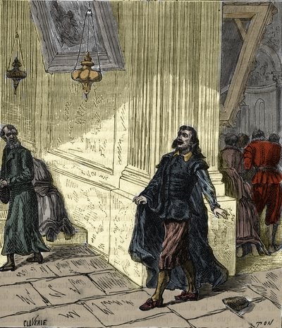 Galileo Galilei (1564-1642), cientista italiano, observando o balançar pendular de uma lâmpada na Catedral de Pisa, Itália, em 1582 - Galileo Galilei dit Galilee (1564-1642) observando a oscilação da lâmpada da Catedral de Pisa em 1582 - Engraving i de French School